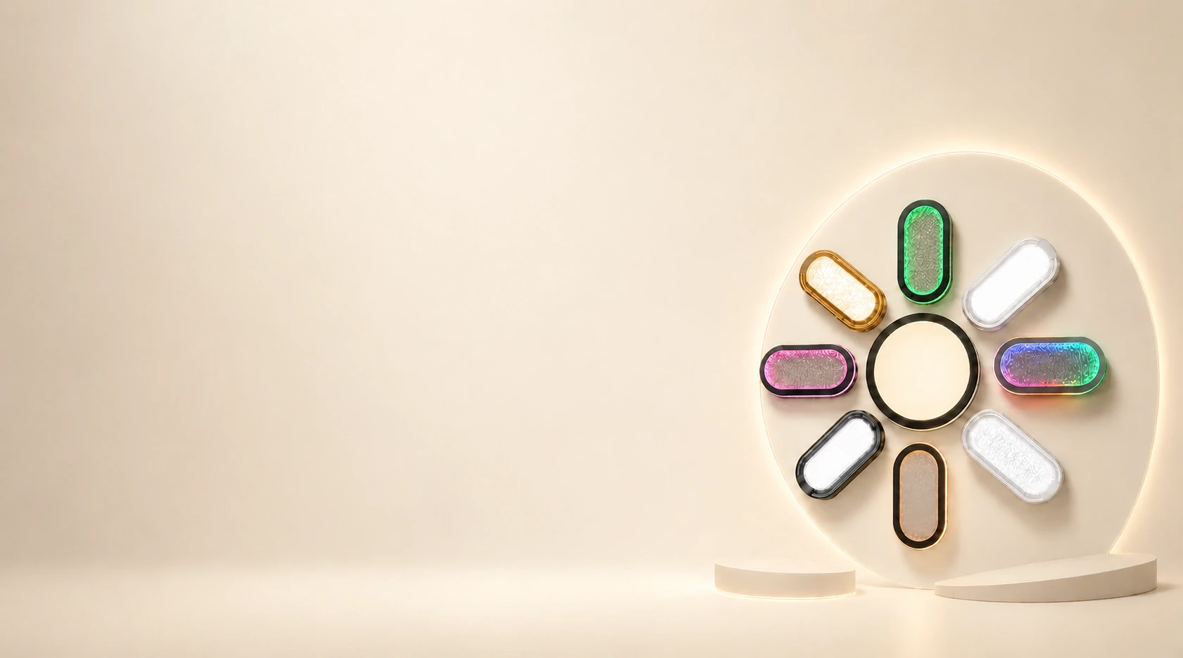 Round and oval LED lights with white and colored outer rings