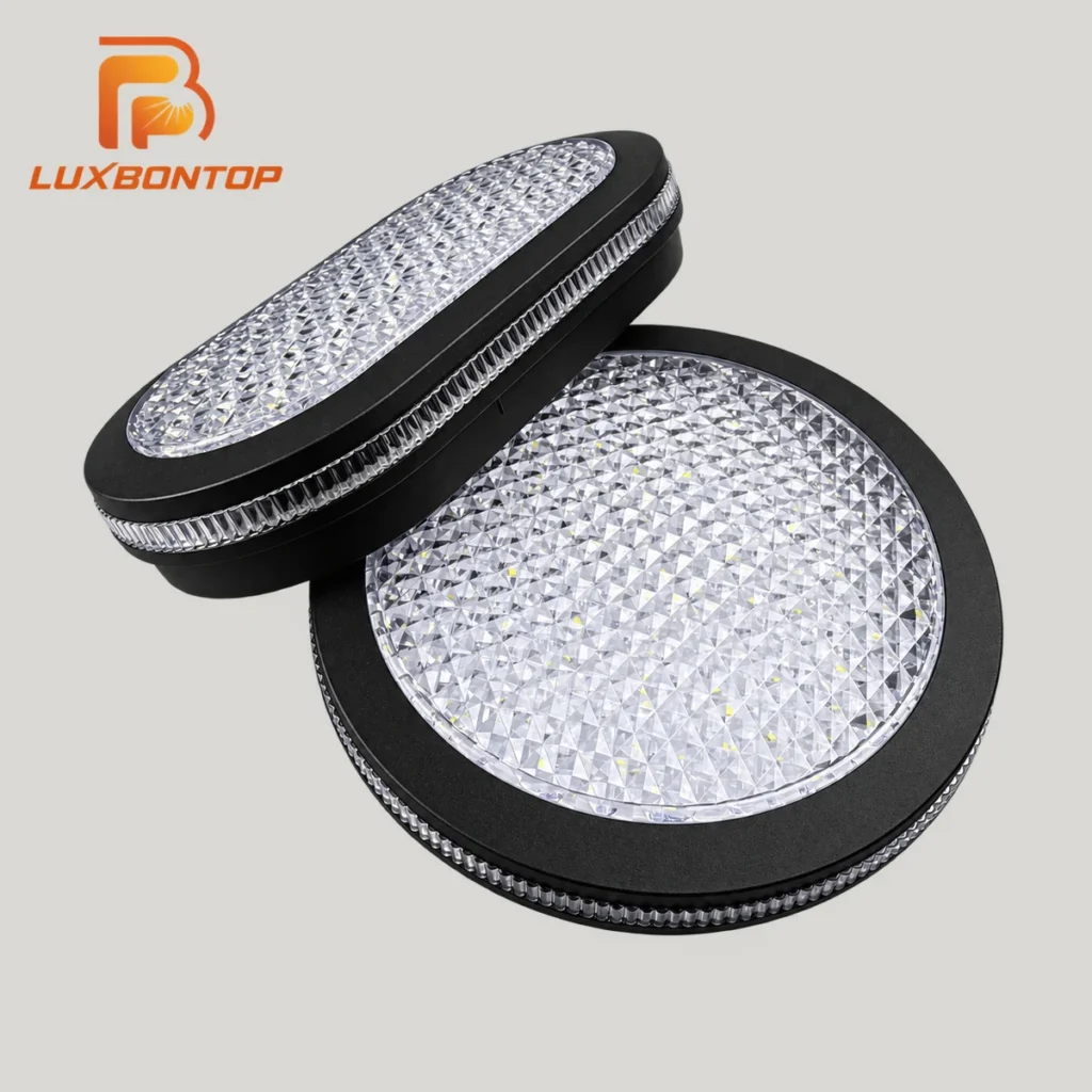 Close-up of the round and oval 20W IP65 moisture-proof LED ceiling lights with black housing and prismatic lens shown in the project benefits section