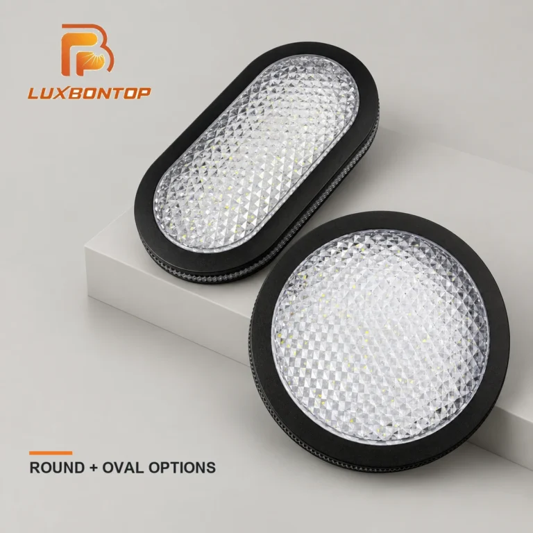 Black round and oval 20W IP65 moisture-proof LED ceiling lights with diamond-pattern prismatic lenses